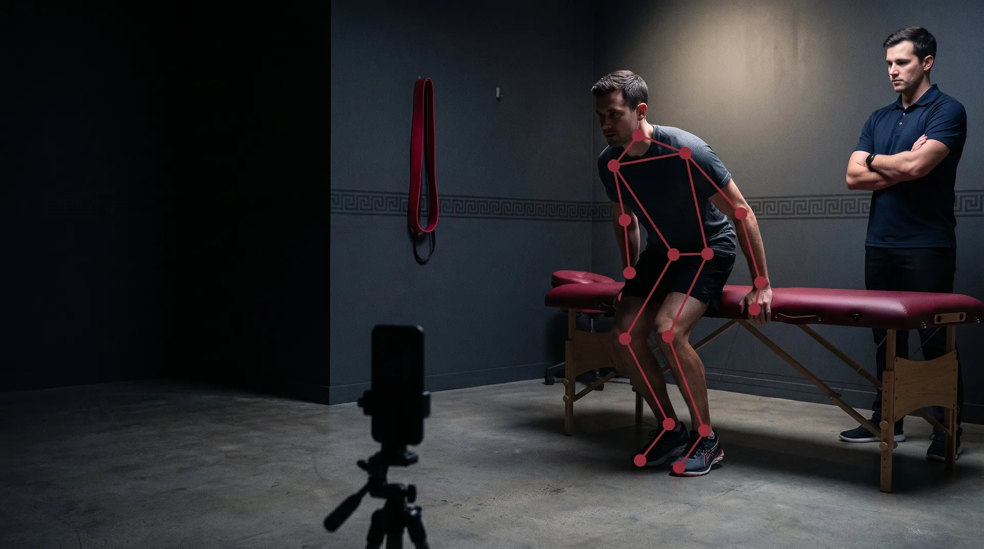 A man rising from a treatment plinth in a physiotherapy room, a red pose skeleton drawn over him, a phone on a tripod filming the movement