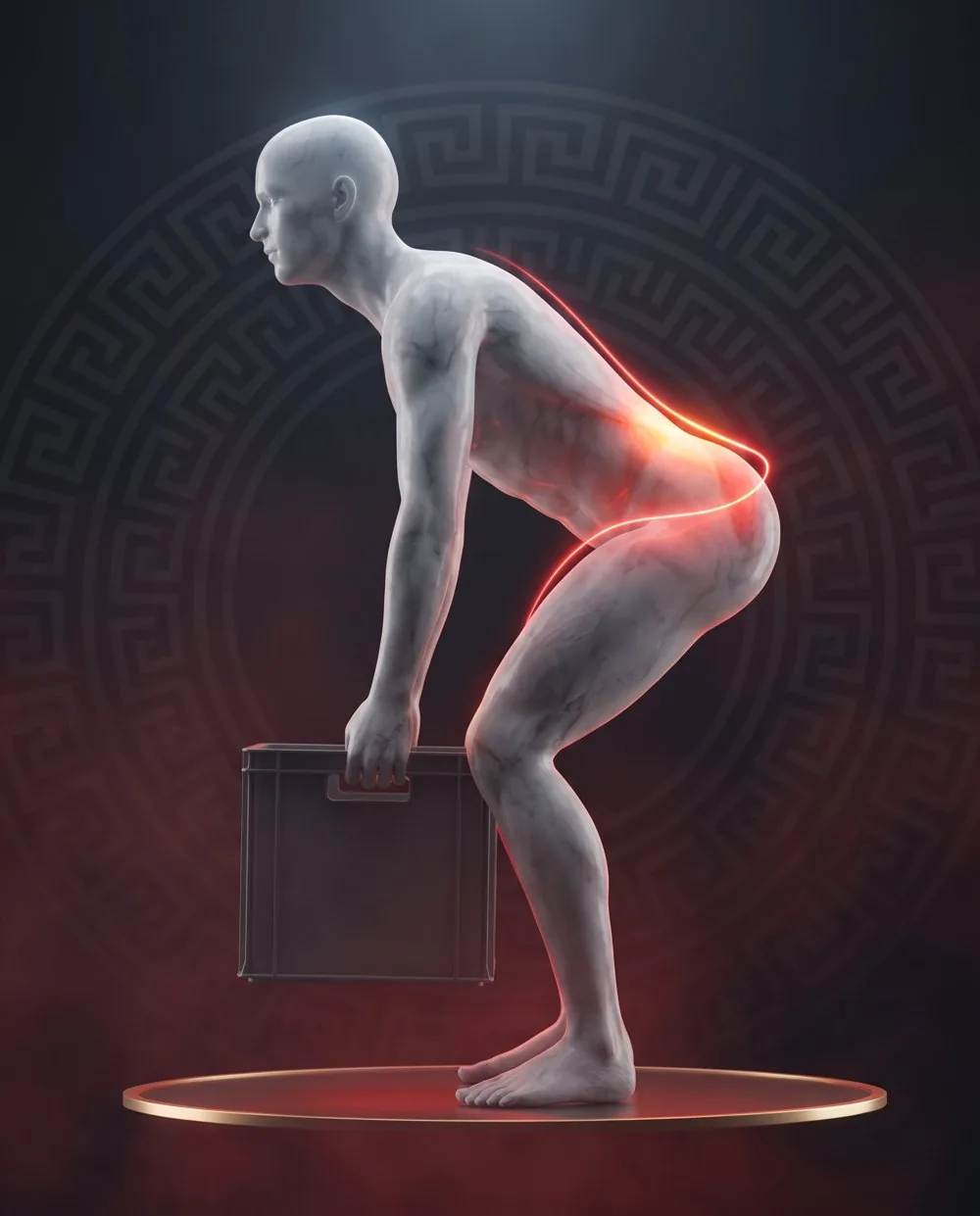 Marble figure lifting a crate in profile, the red thread along the lower back