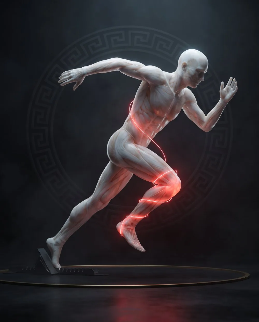 Marble sprinter driving out of the blocks, the red thread wrapped on the front knee and ankle