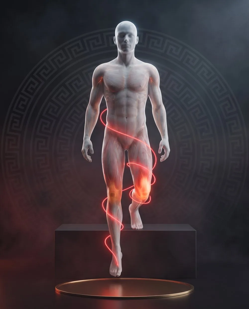 Marble figure stepping down from a block, the red thread wrapped on the loaded knee