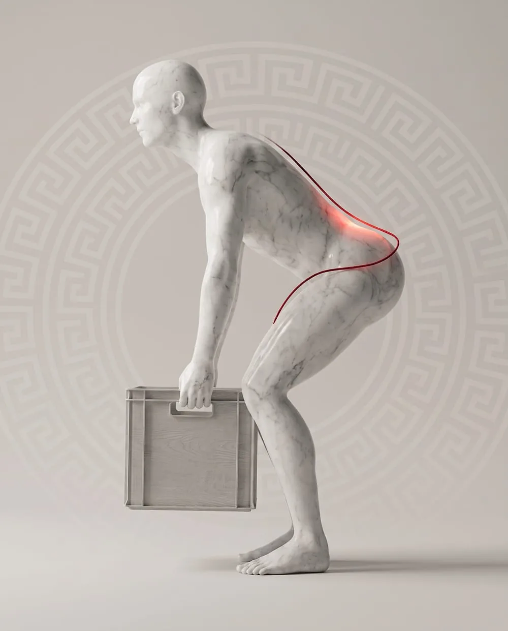 Marble figure lifting a crate in profile, the red thread along the lower back