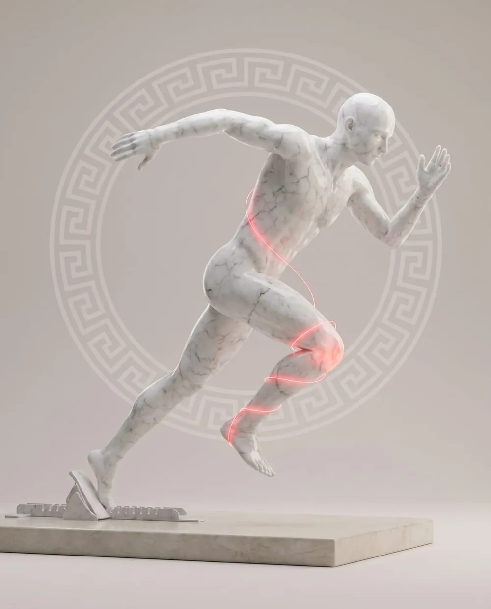 Marble sprinter driving out of the blocks, the red thread wrapped on the front knee and ankle
