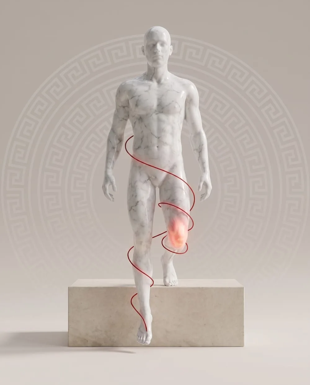 Marble figure stepping down from a block, the red thread wrapped on the loaded knee
