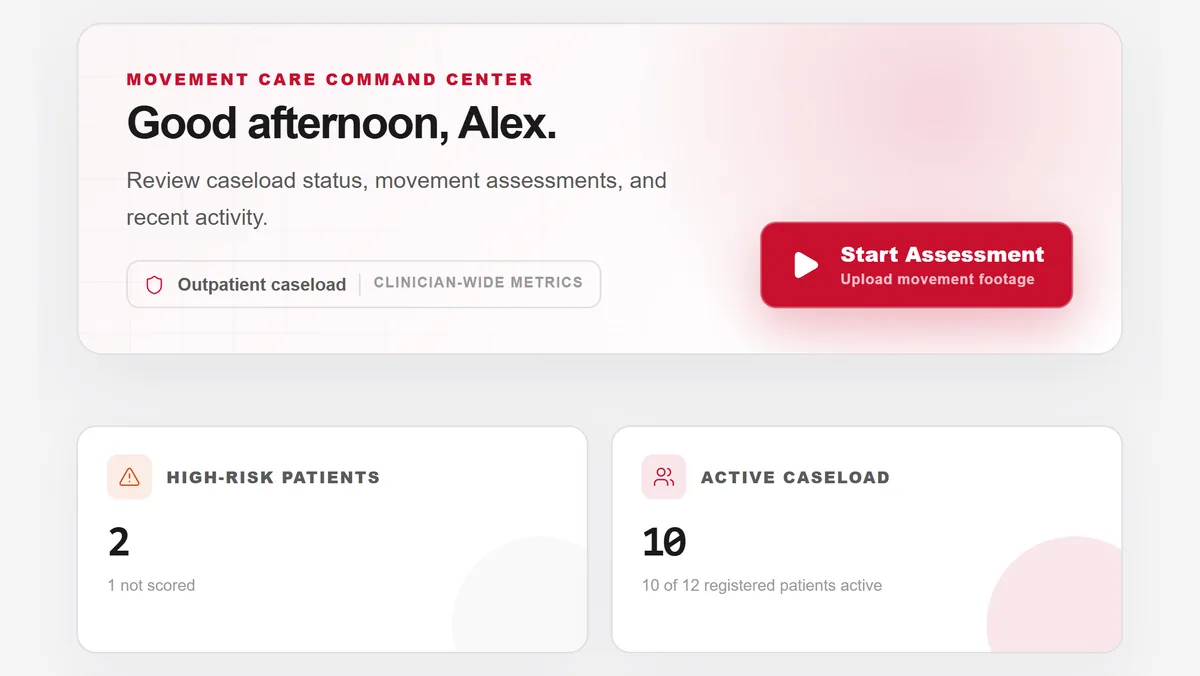 Clinician dashboard with the Start Assessment button