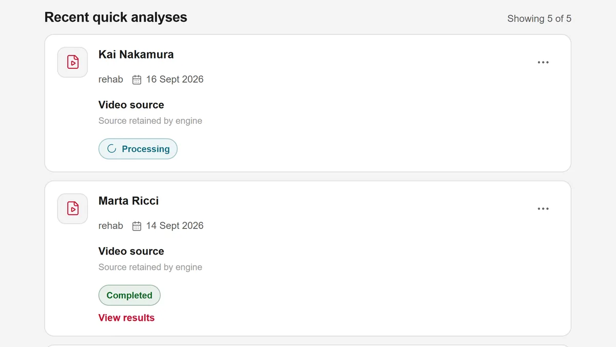 Analysis queue with one clip still processing above a completed one