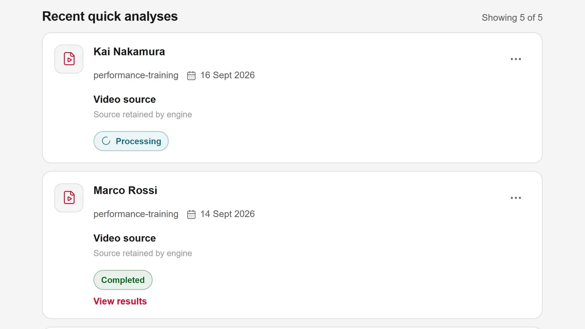 Analysis queue with one clip still processing above a completed one