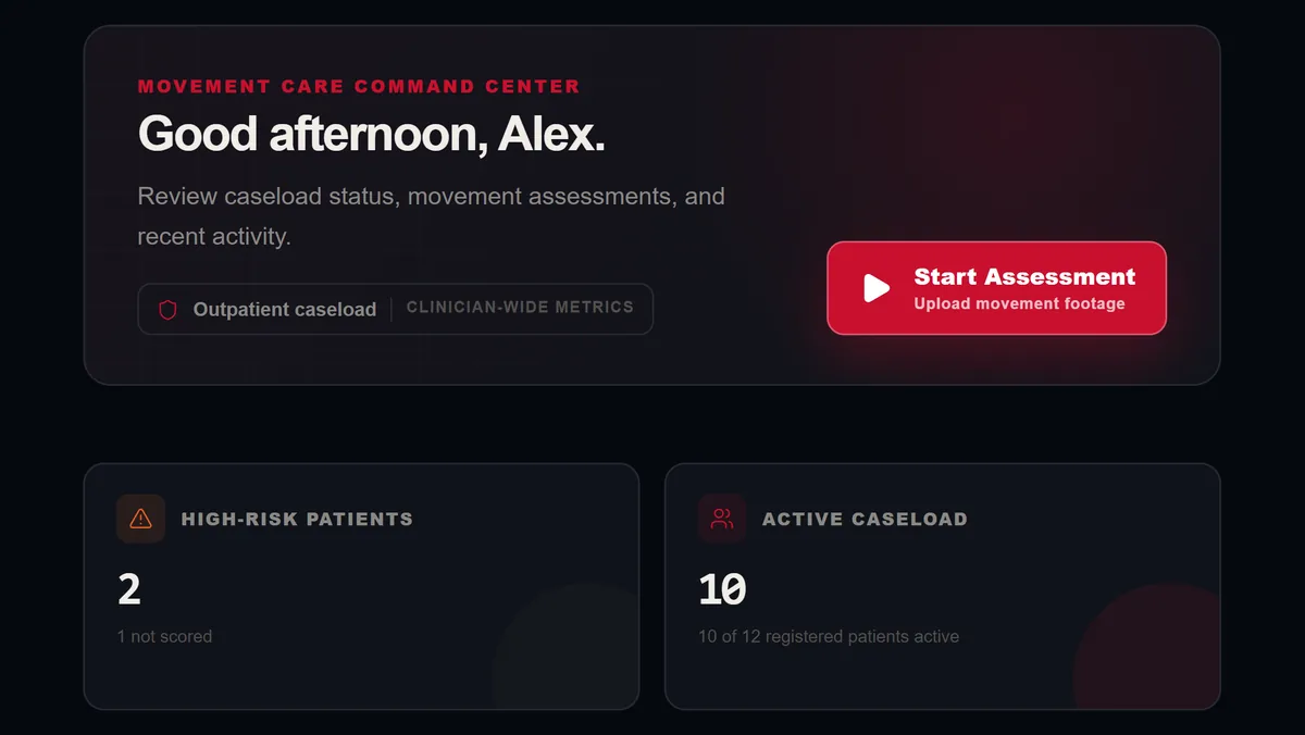 Clinician dashboard with the Start Assessment button