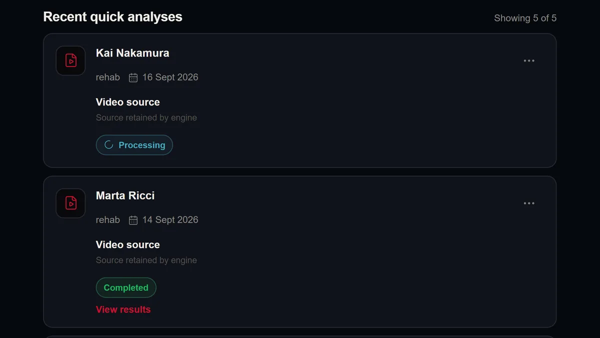 Analysis queue with one clip still processing above a completed one