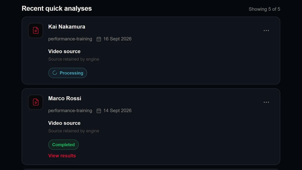 Analysis queue with one clip still processing above a completed one